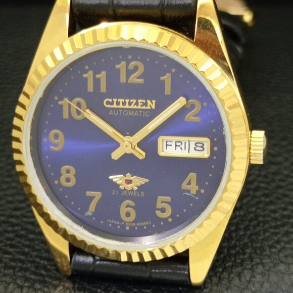 Vintage 1980 Citizen Automatic Mens Gold Watch W/daydate & Blue accents - Picture 3 of 10